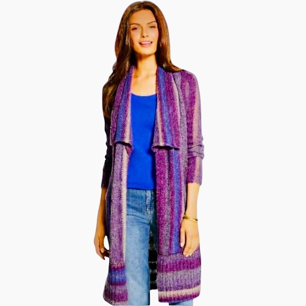 Chicos Mixed Stripe Val Cardigan Duster Sweater Open Front Purple Size 0 (S)